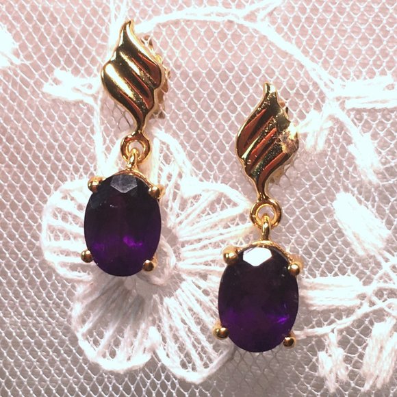 Natural Amethyst Gold Plated Earrings Post Dangles - Picture 8 of 15